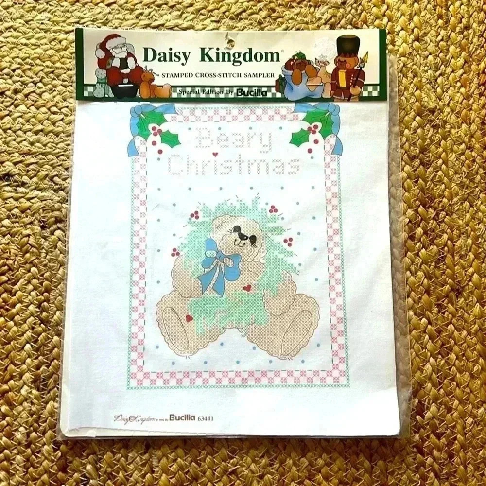 Daisy Kingdom by Bucilla Stamped Cross-Stitch Sample Christmas Bear Themed Print